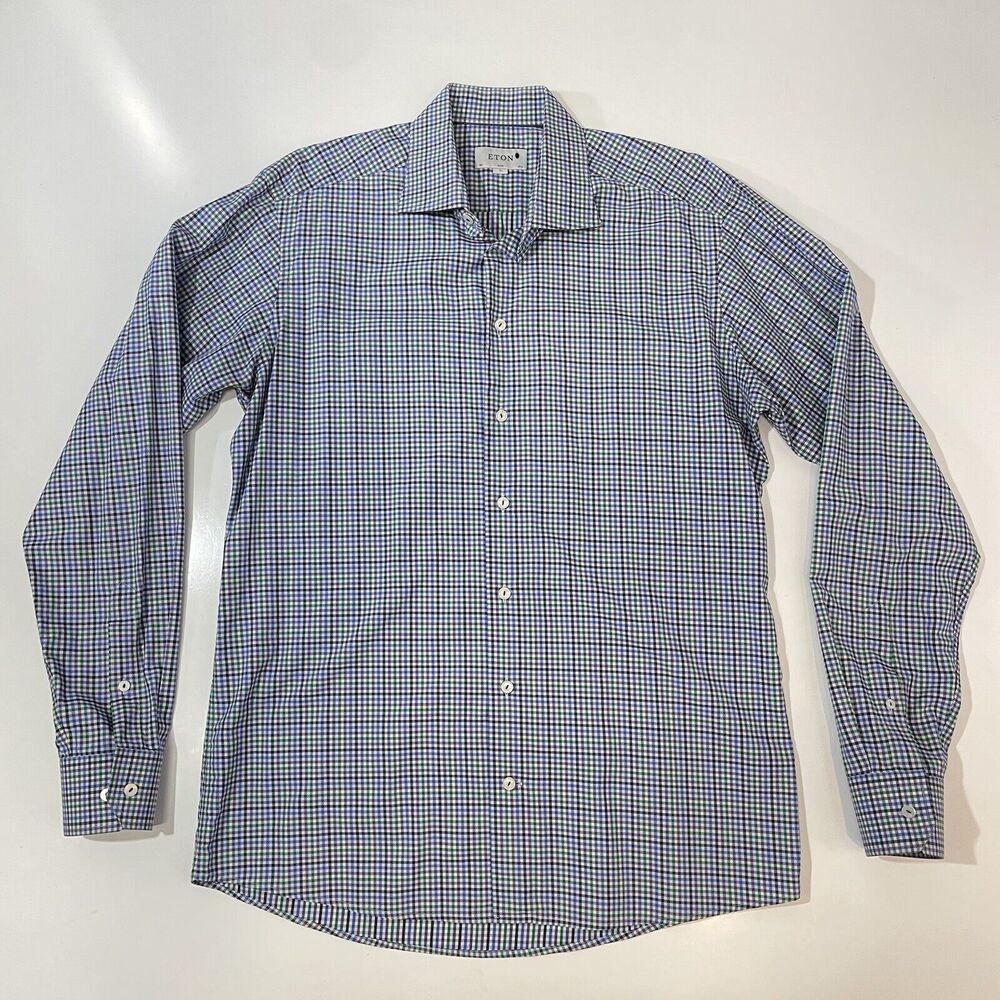 Eton Dress Shirt Men’ XL Blue Green Plaid Fine Twill Long Sleeve Button 44 17.5